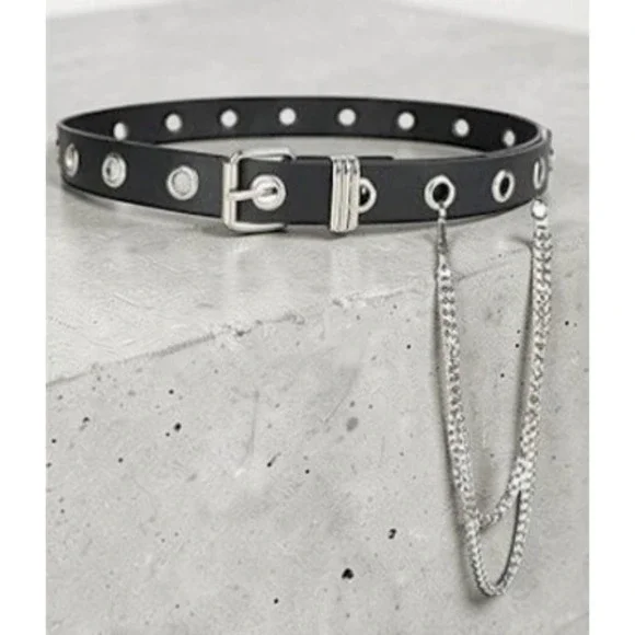 Grommet Leather Belt Detachable Chain Women Men Punk Rock Waist Belts for Pants - Picture 2 of 7